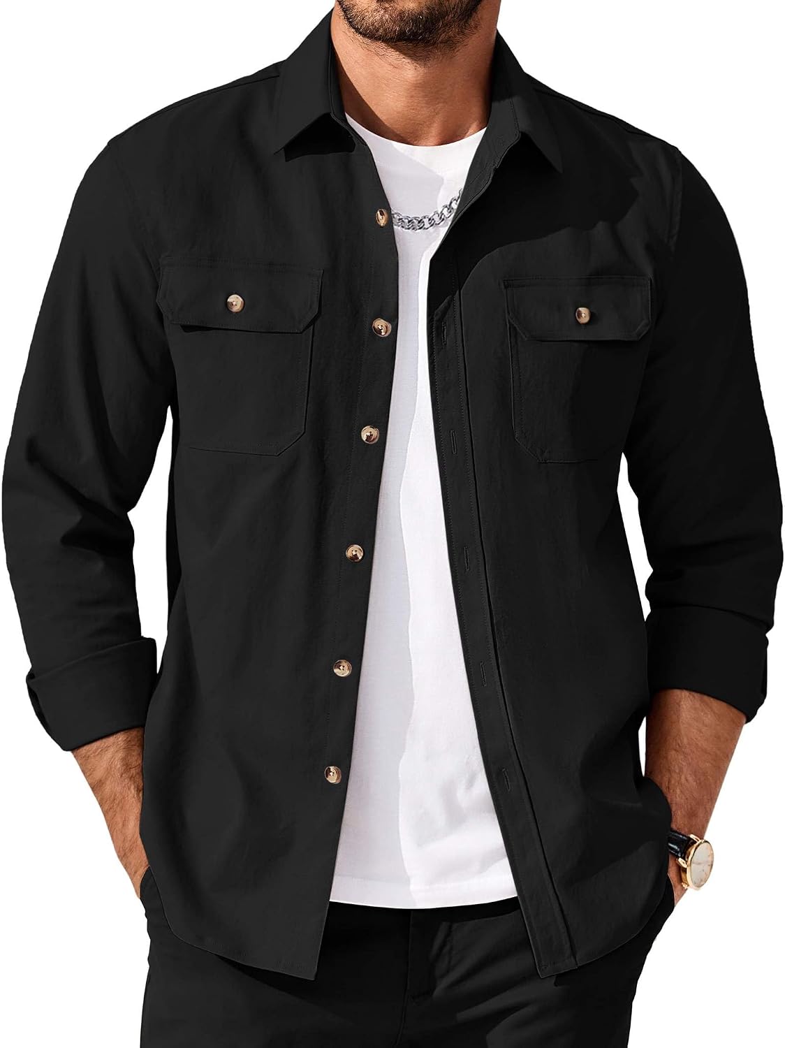 Men's Long Sleeve Button Up Shirt Jacket with Flap Pockets