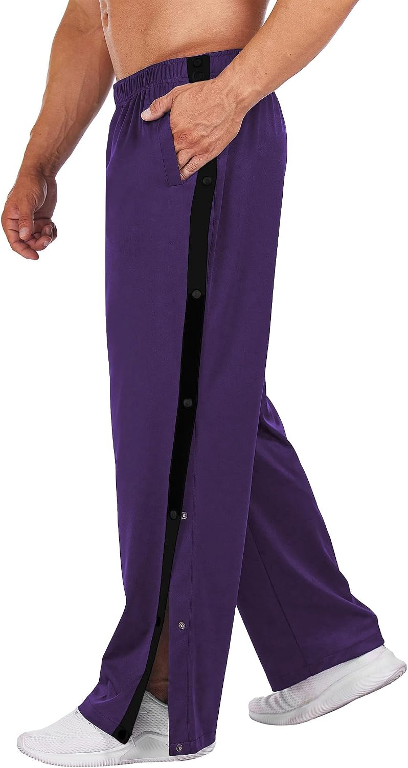 Men's Tear Away Basketball Pants High Split Snap Button Casual Post-Surgery Sweatpants with Pockets