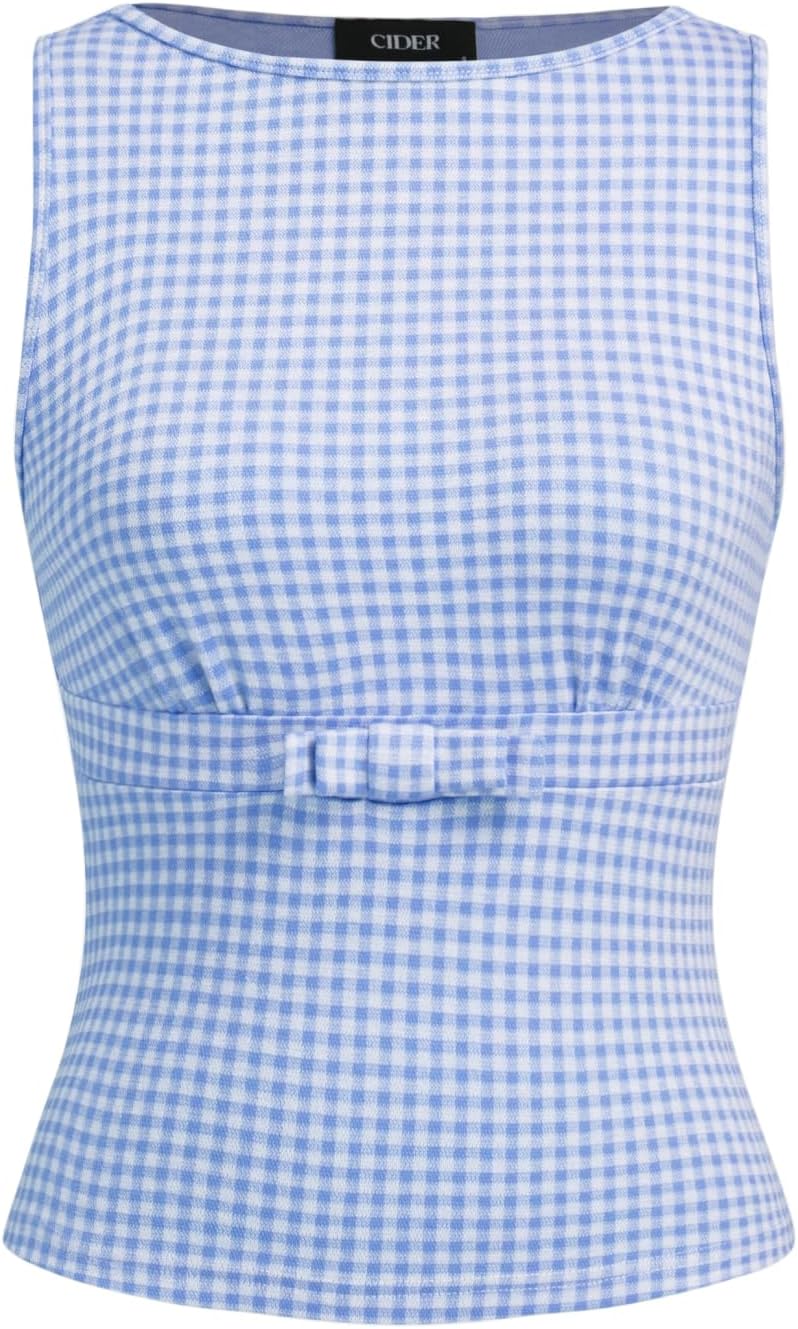 Gingham Tops for Women Plaid Going Out Tops Sleeveless Cute Tank Bow Summer Shirt