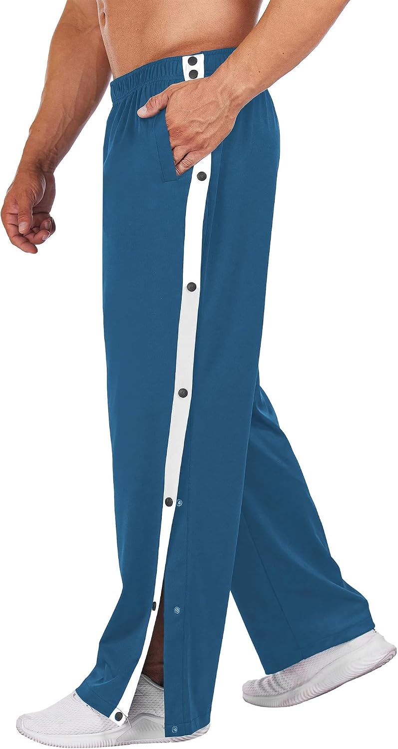 Men's Tear Away Basketball Pants High Split Snap Button Casual Post-Surgery Sweatpants with Pockets