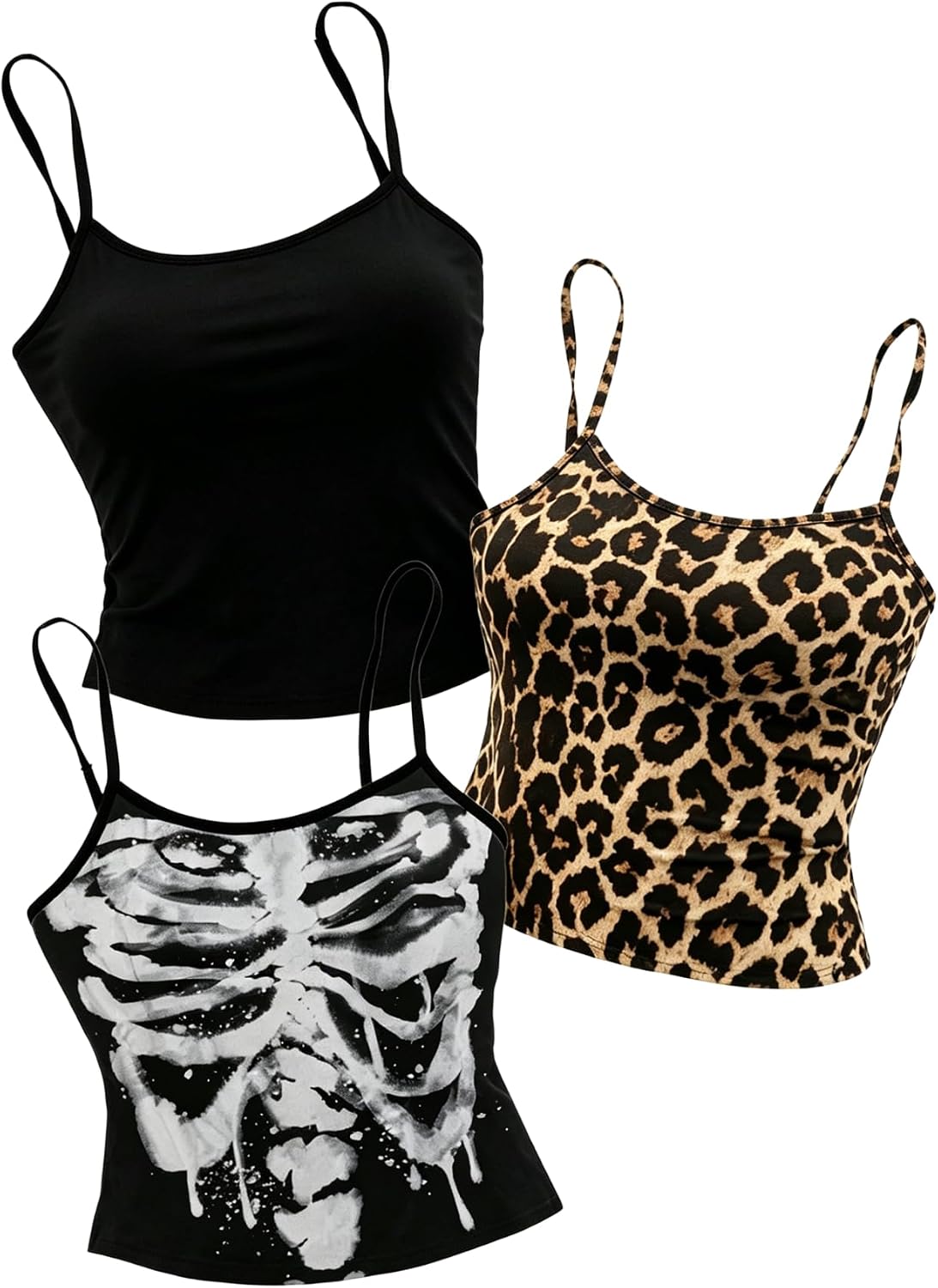 Women's Goth Top 3 Packs Crop Camisole Y2k Graphic Fitted Spaghetti Strap Tank Shirts