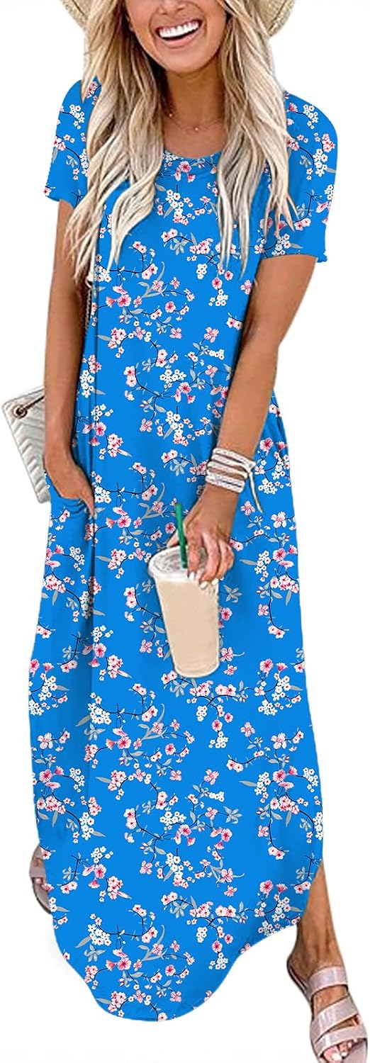 Womens Summer Maxi Dress Short Sleeve Casual Loose Long T Shirt Dresses Split Vacation Beach Sundress Travel Outfits