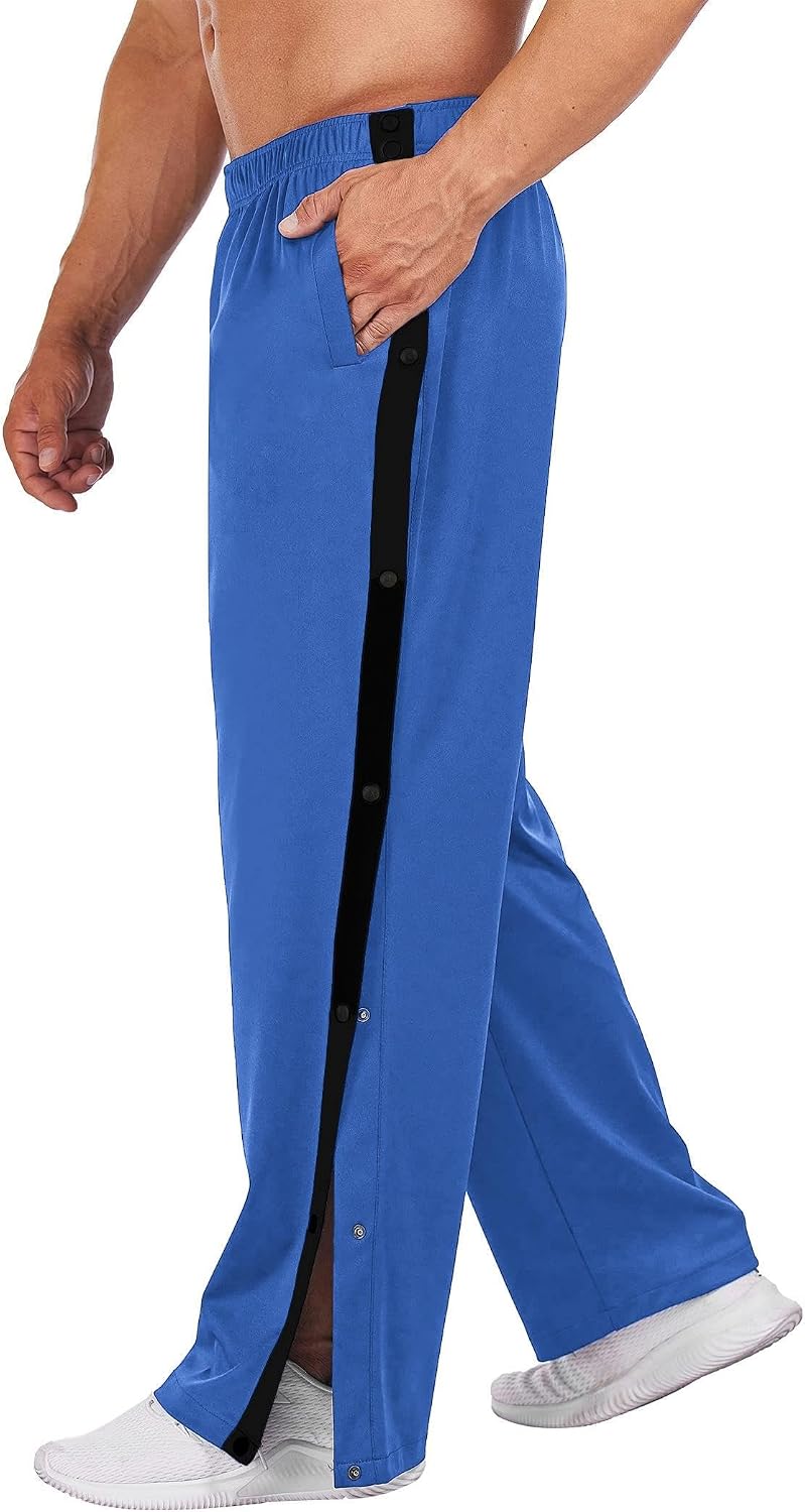 Men's Tear Away Basketball Pants High Split Snap Button Casual Post-Surgery Sweatpants with Pockets