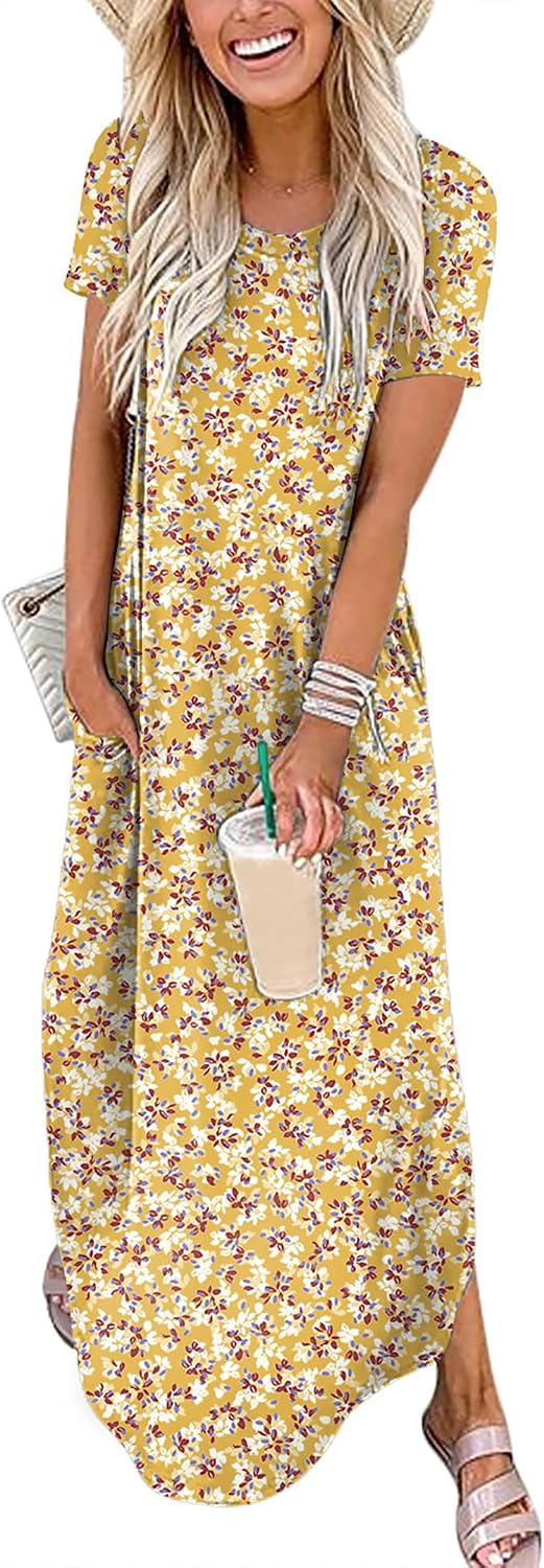 Womens Summer Maxi Dress Short Sleeve Casual Loose Long T Shirt Dresses Split Vacation Beach Sundress Travel Outfits