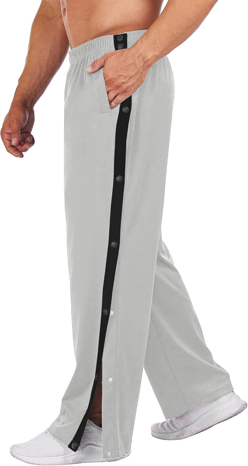 Men's Tear Away Basketball Pants High Split Snap Button Casual Post-Surgery Sweatpants with Pockets