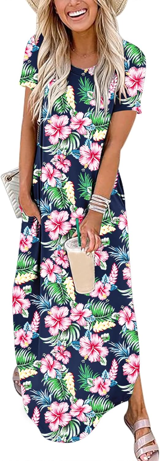 Womens Summer Maxi Dress Short Sleeve Casual Loose Long T Shirt Dresses Split Vacation Beach Sundress Travel Outfits