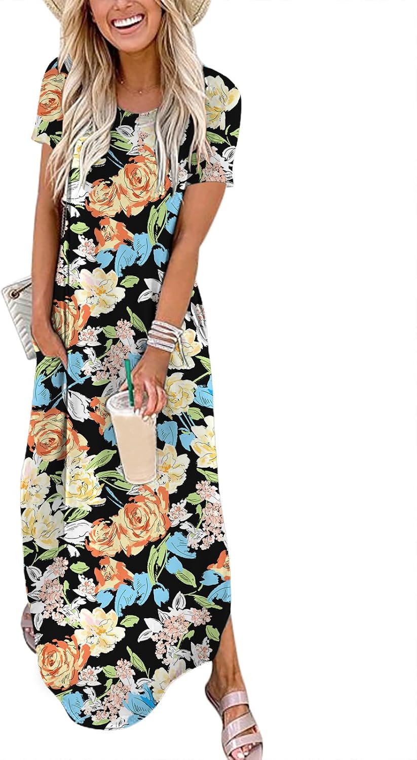 Womens Summer Maxi Dress Short Sleeve Casual Loose Long T Shirt Dresses Split Vacation Beach Sundress Travel Outfits