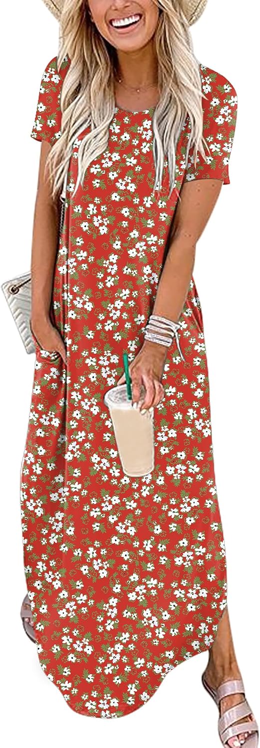 Womens Summer Maxi Dress Short Sleeve Casual Loose Long T Shirt Dresses Split Vacation Beach Sundress Travel Outfits