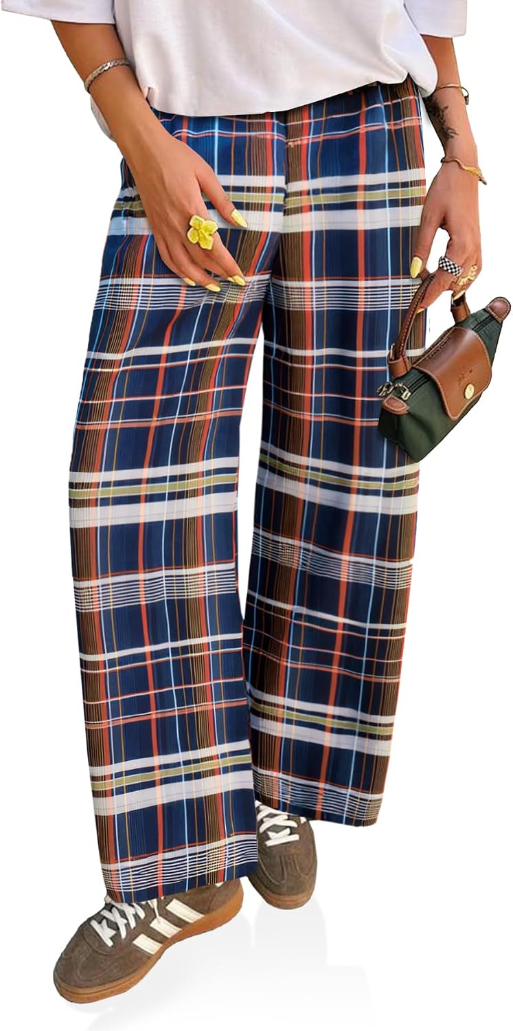 Womens Wide Leg Pants High Wiasted Casual Baggy Palazzo Elastic Plaid Pants Trousers