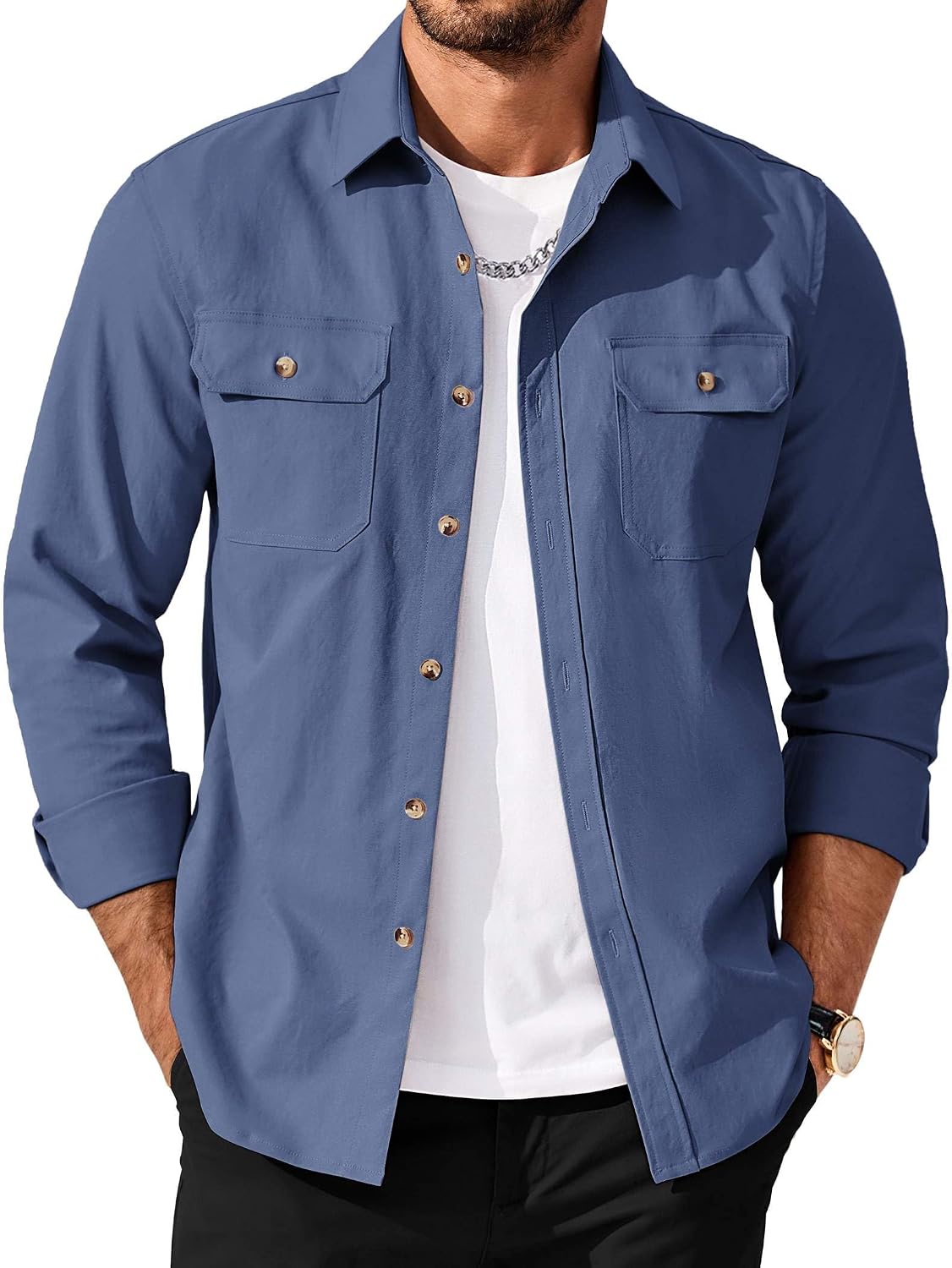 Men's Long Sleeve Button Up Shirt Jacket with Flap Pockets