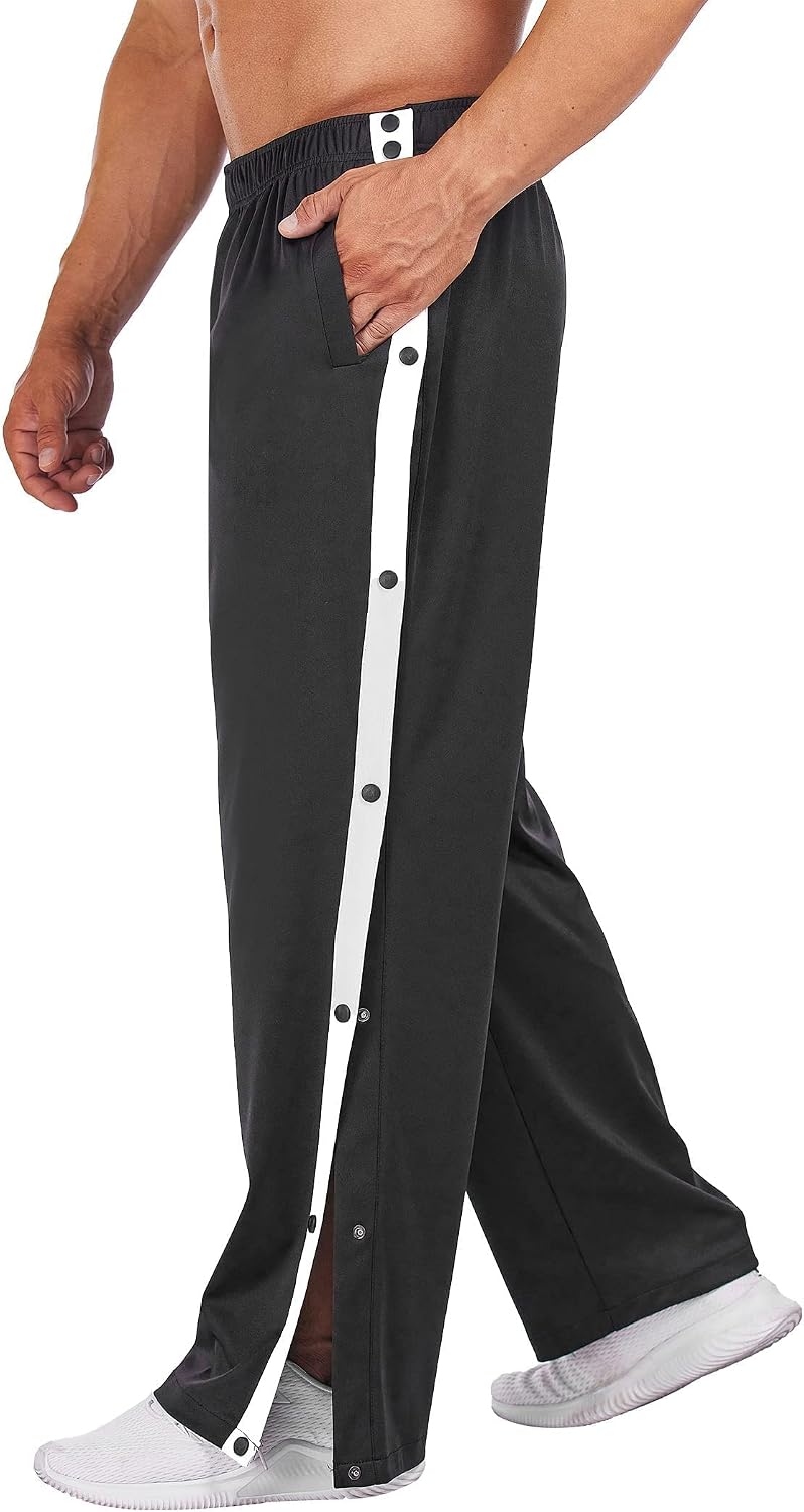 Men's Tear Away Basketball Pants High Split Snap Button Casual Post-Surgery Sweatpants with Pockets