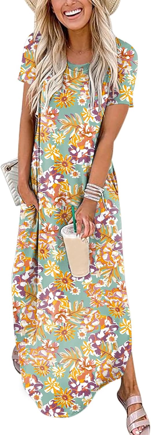Womens Summer Maxi Dress Short Sleeve Casual Loose Long T Shirt Dresses Split Vacation Beach Sundress Travel Outfits