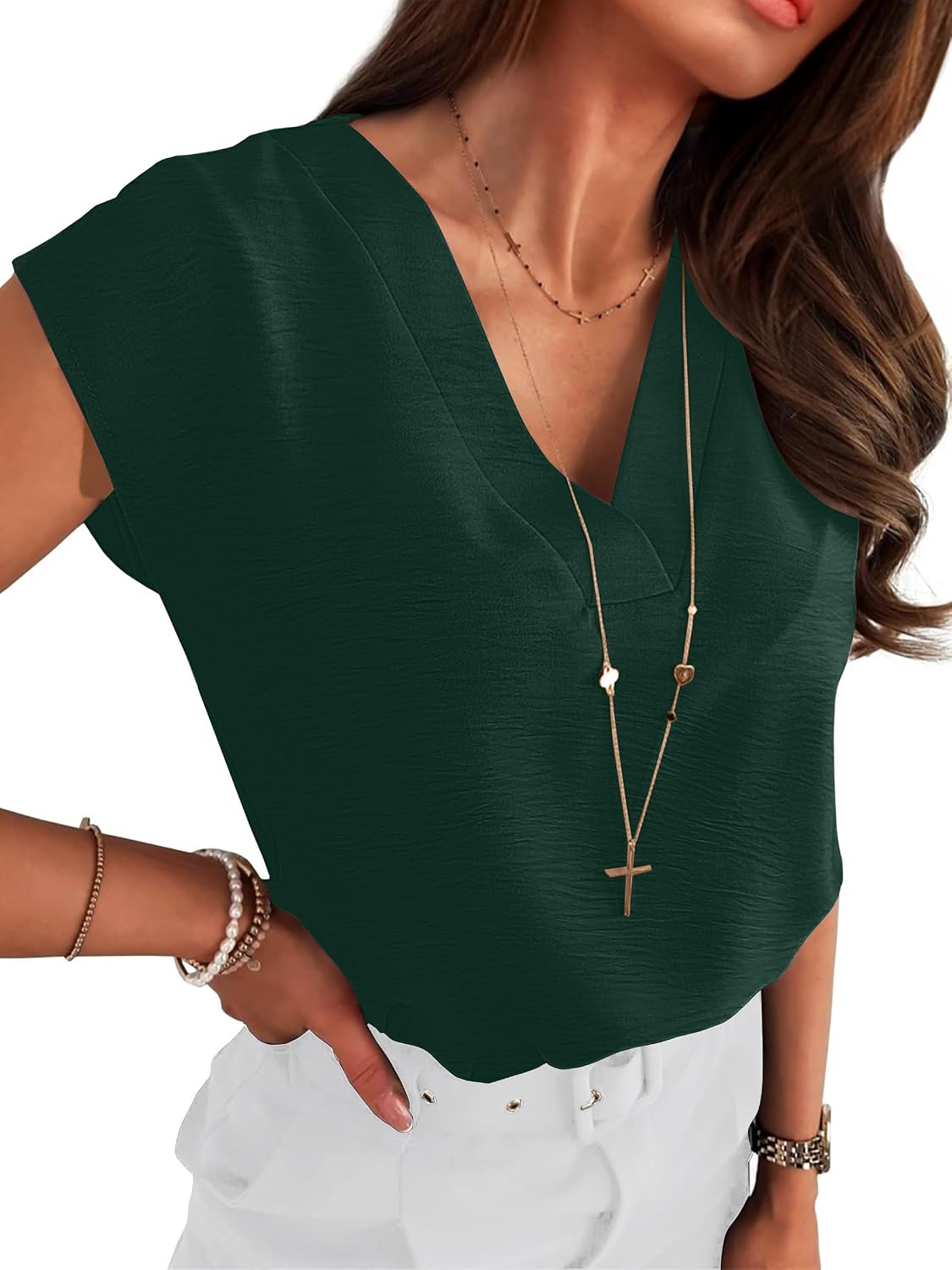 Women Tops Cap Sleeve Dressy Casual V Neck Shirts 2026 Summer Business Work Blouses Outfits Trendy Spring Clothing