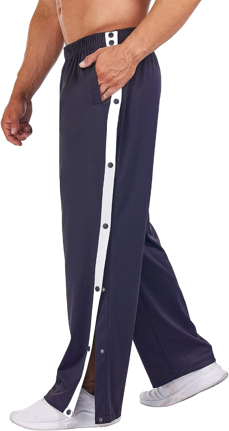 Men's Tear Away Basketball Pants High Split Snap Button Casual Post-Surgery Sweatpants with Pockets