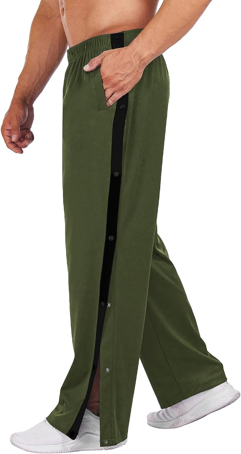 Men's Tear Away Basketball Pants High Split Snap Button Casual Post-Surgery Sweatpants with Pockets