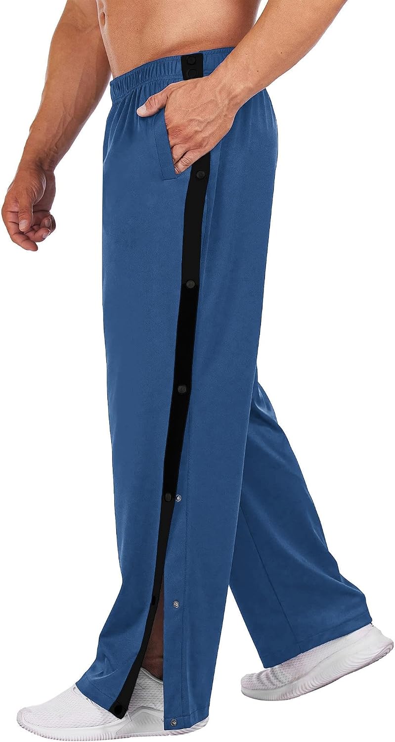 Men's Tear Away Basketball Pants High Split Snap Button Casual Post-Surgery Sweatpants with Pockets