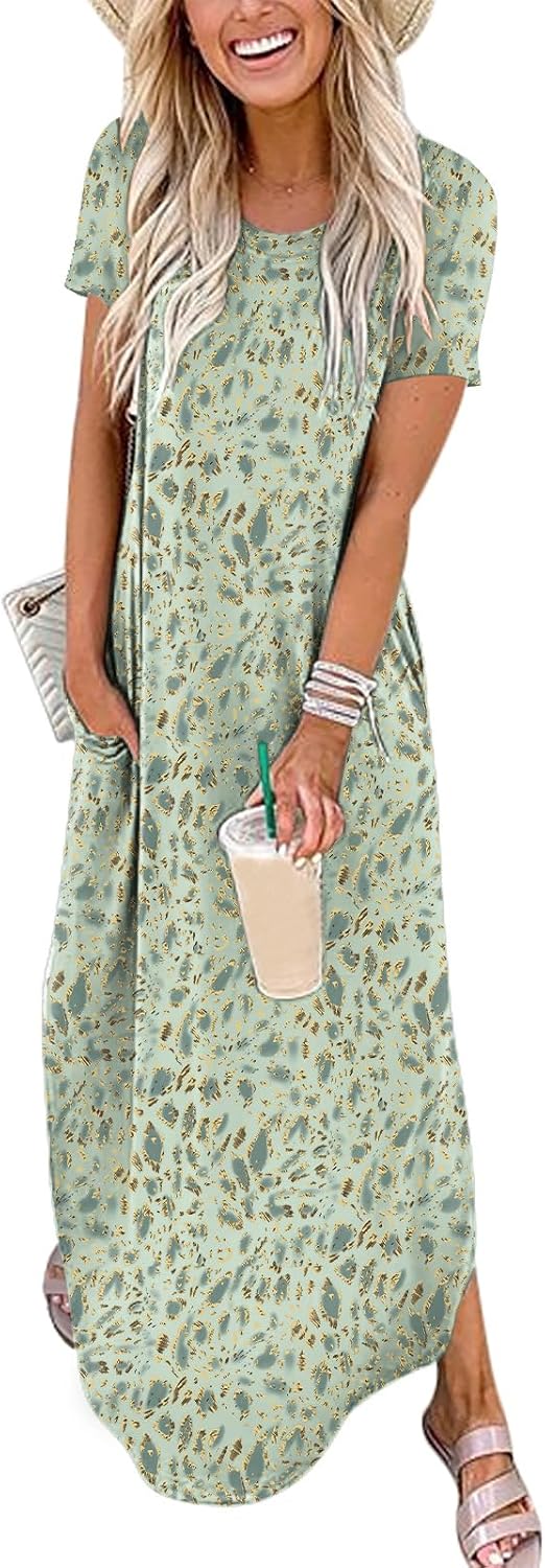 Womens Summer Maxi Dress Short Sleeve Casual Loose Long T Shirt Dresses Split Vacation Beach Sundress Travel Outfits