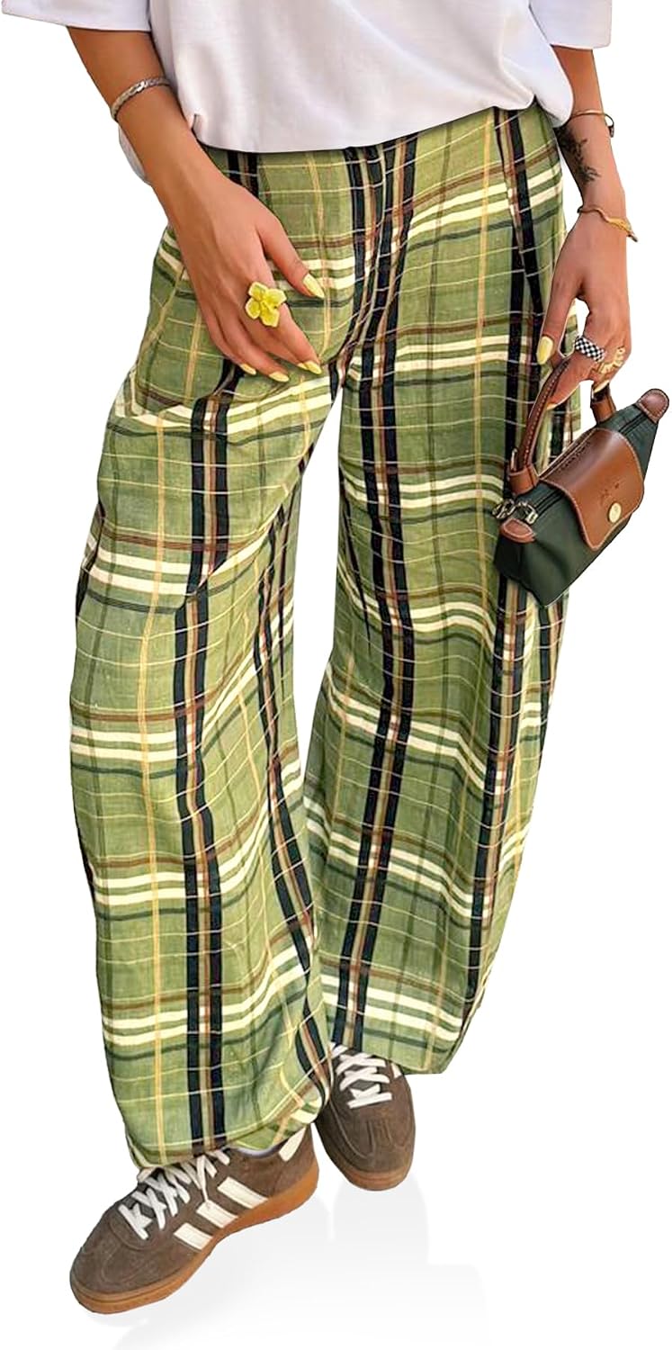 Womens Wide Leg Pants High Wiasted Casual Baggy Palazzo Elastic Plaid Pants Trousers
