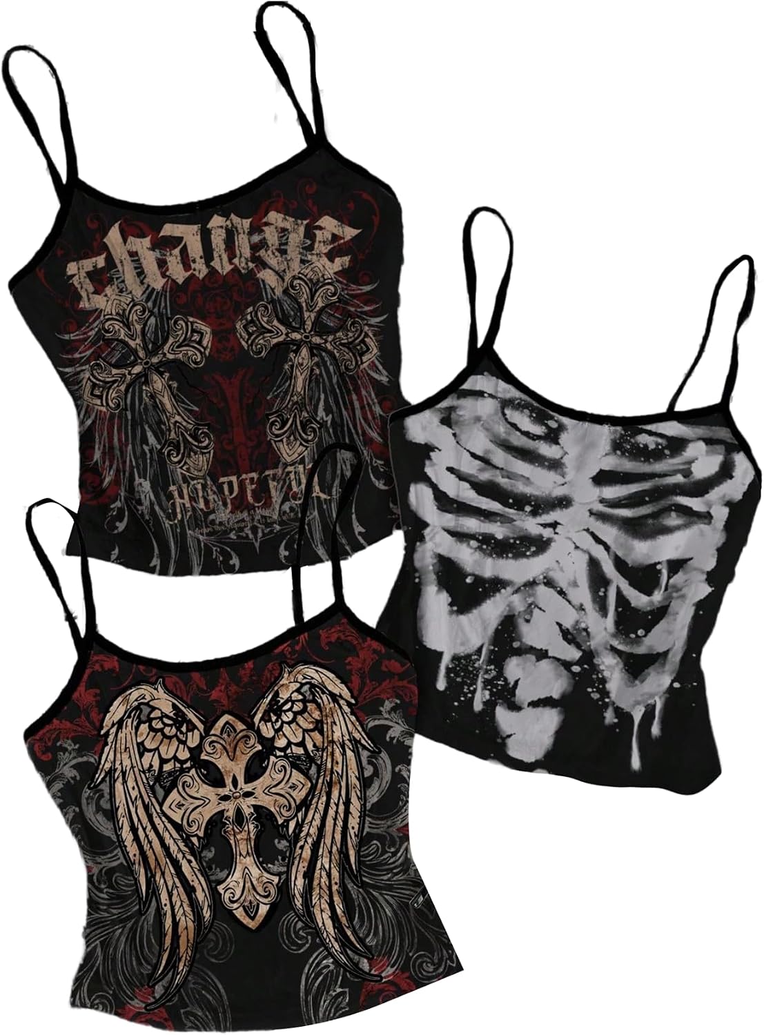Women's Goth Top 3 Packs Crop Camisole Y2k Graphic Fitted Spaghetti Strap Tank Shirts