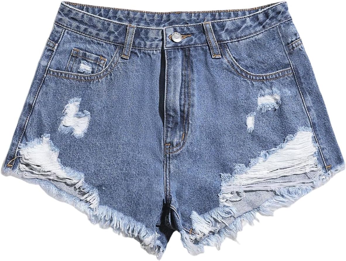 Women's Ripped Raw Hem Jean Shorts High Waisted Straight Leg Denim Shorts Streetwear