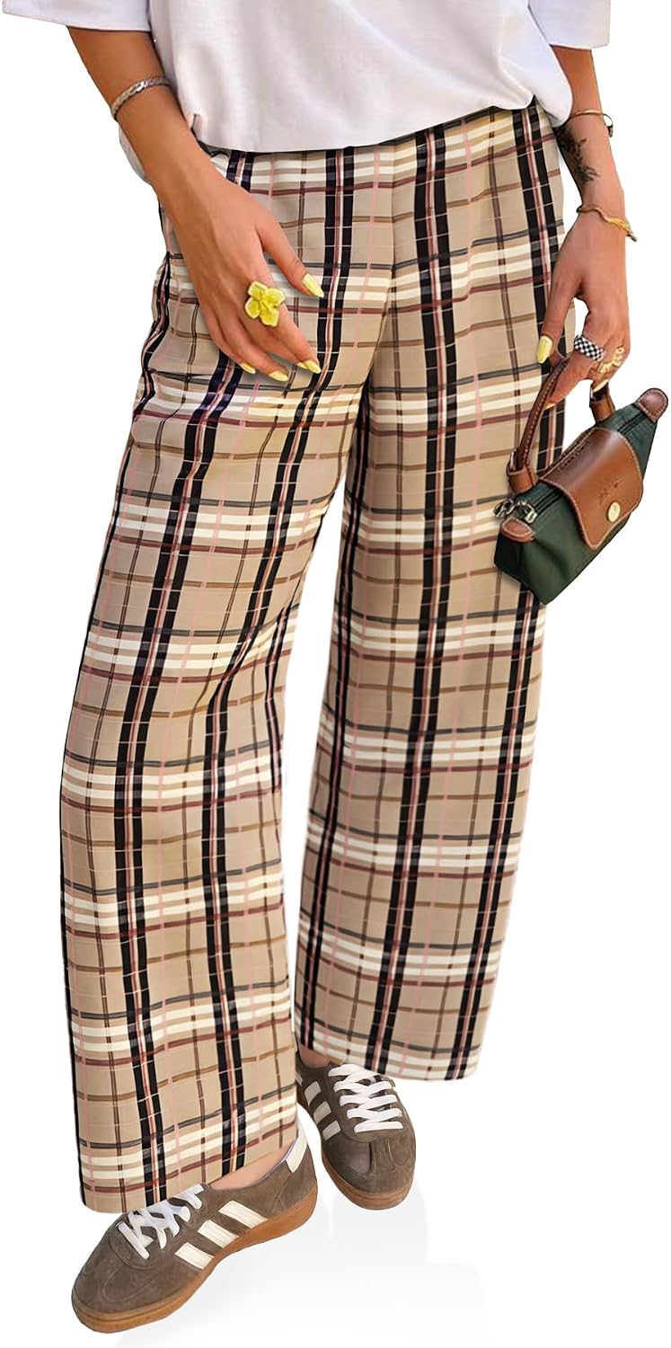 Womens Wide Leg Pants High Wiasted Casual Baggy Palazzo Elastic Plaid Pants Trousers