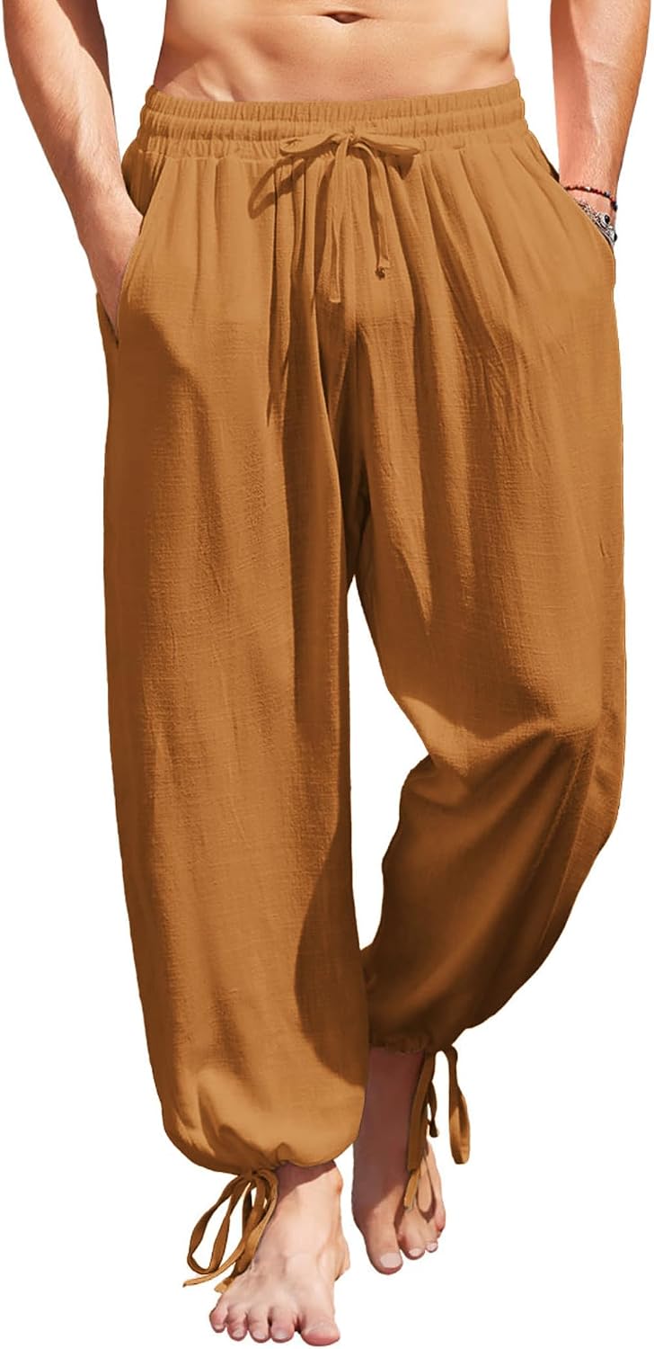 Men's Cotton Linen Pants Casual Harem Pants Elastic Waist Beach Boho Yoga Trousers