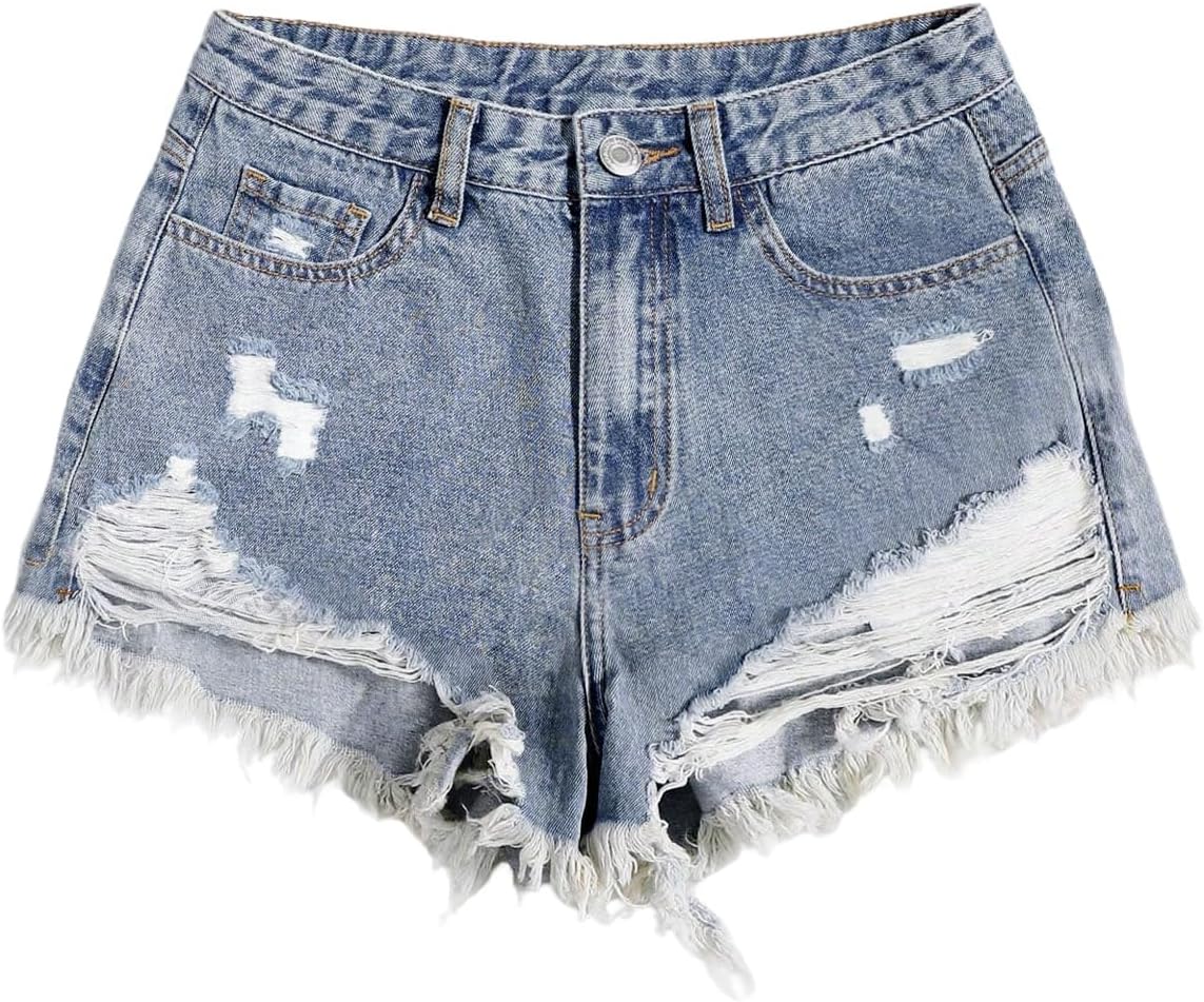 Women's Ripped Raw Hem Jean Shorts High Waisted Straight Leg Denim Shorts Streetwear