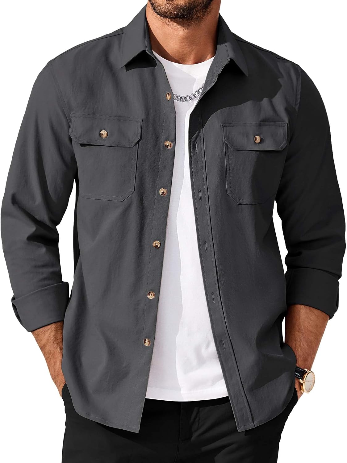 Men's Long Sleeve Button Up Shirt Jacket with Flap Pockets