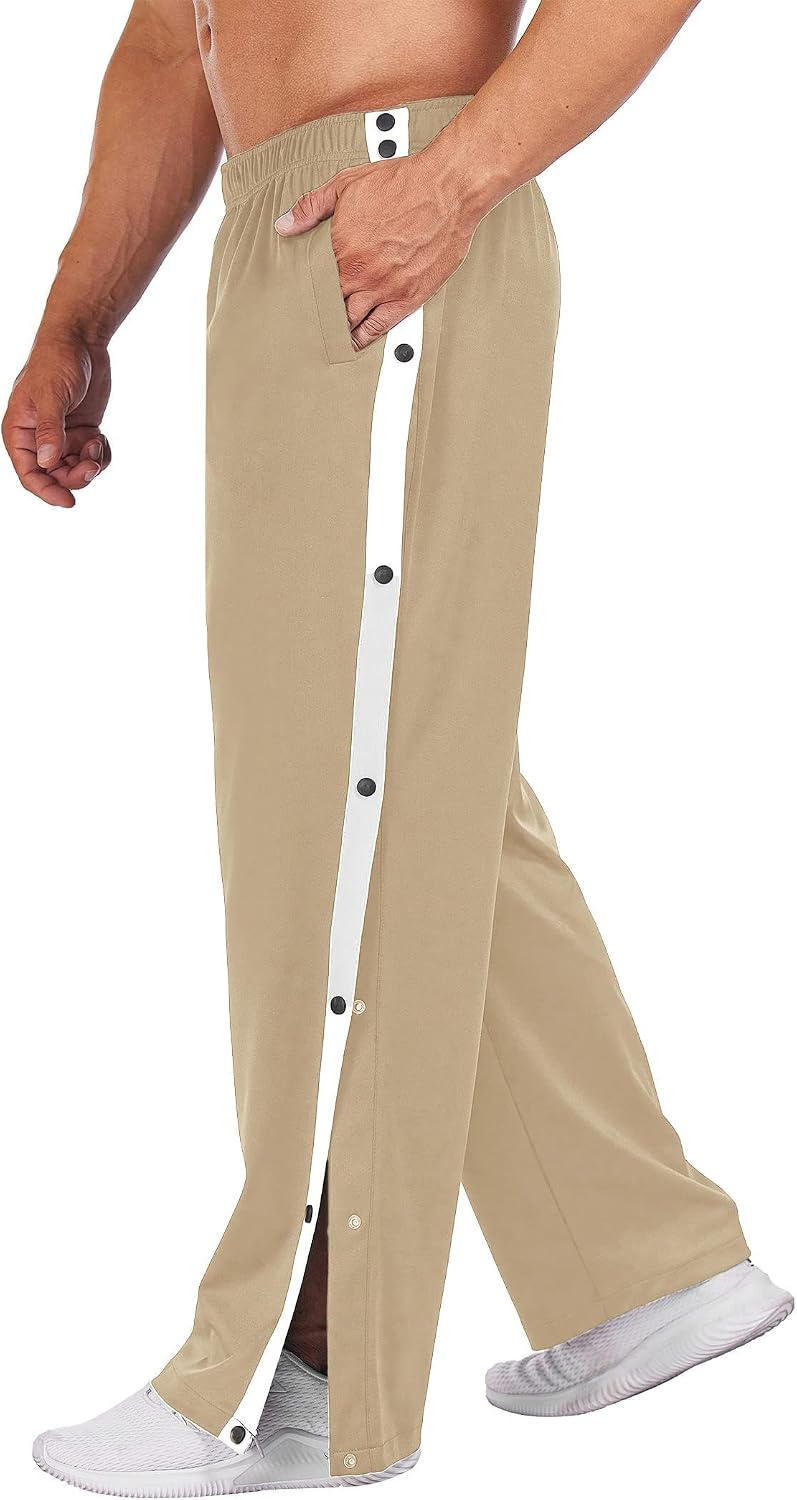 Men's Tear Away Basketball Pants High Split Snap Button Casual Post-Surgery Sweatpants with Pockets