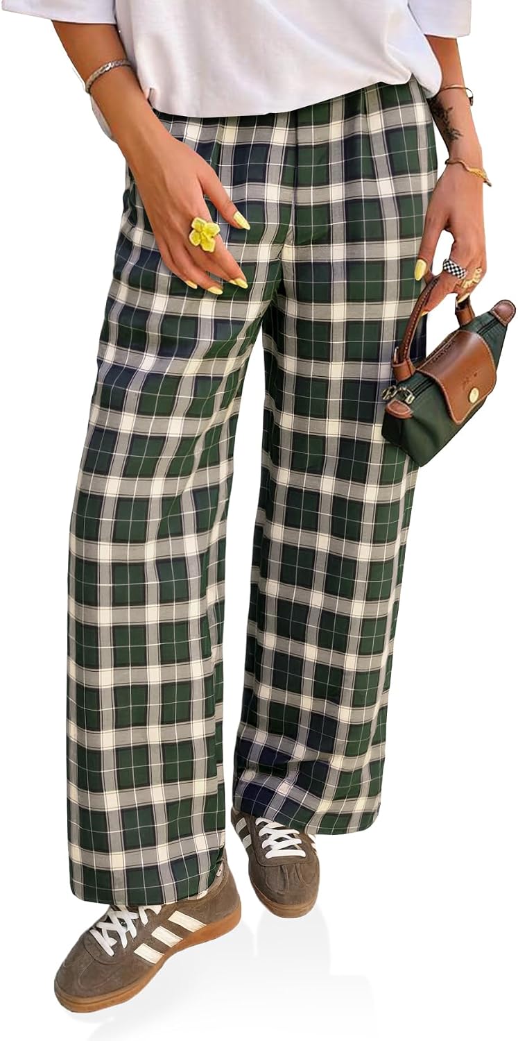 Womens Wide Leg Pants High Wiasted Casual Baggy Palazzo Elastic Plaid Pants Trousers