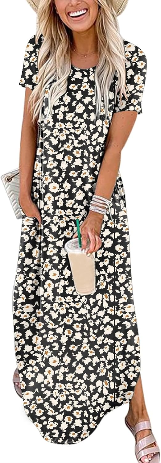 Womens Summer Maxi Dress Short Sleeve Casual Loose Long T Shirt Dresses Split Vacation Beach Sundress Travel Outfits