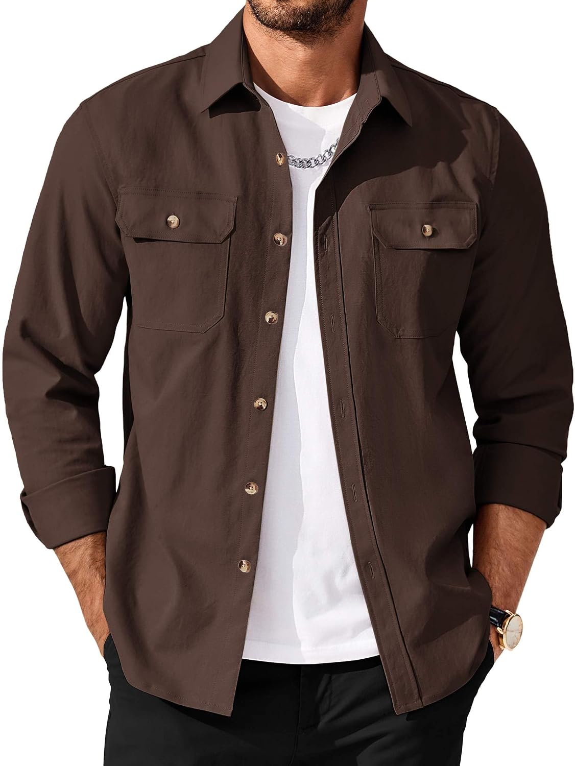 Men's Long Sleeve Button Up Shirt Jacket with Flap Pockets