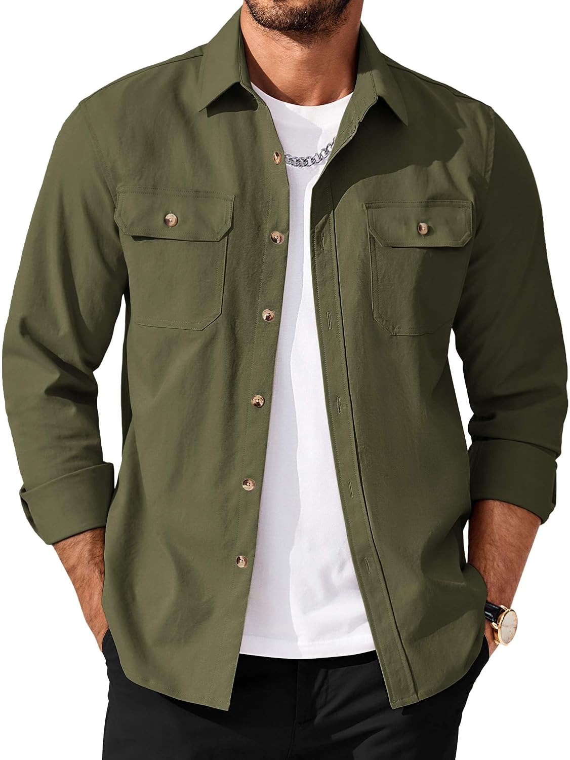 Men's Long Sleeve Button Up Shirt Jacket with Flap Pockets