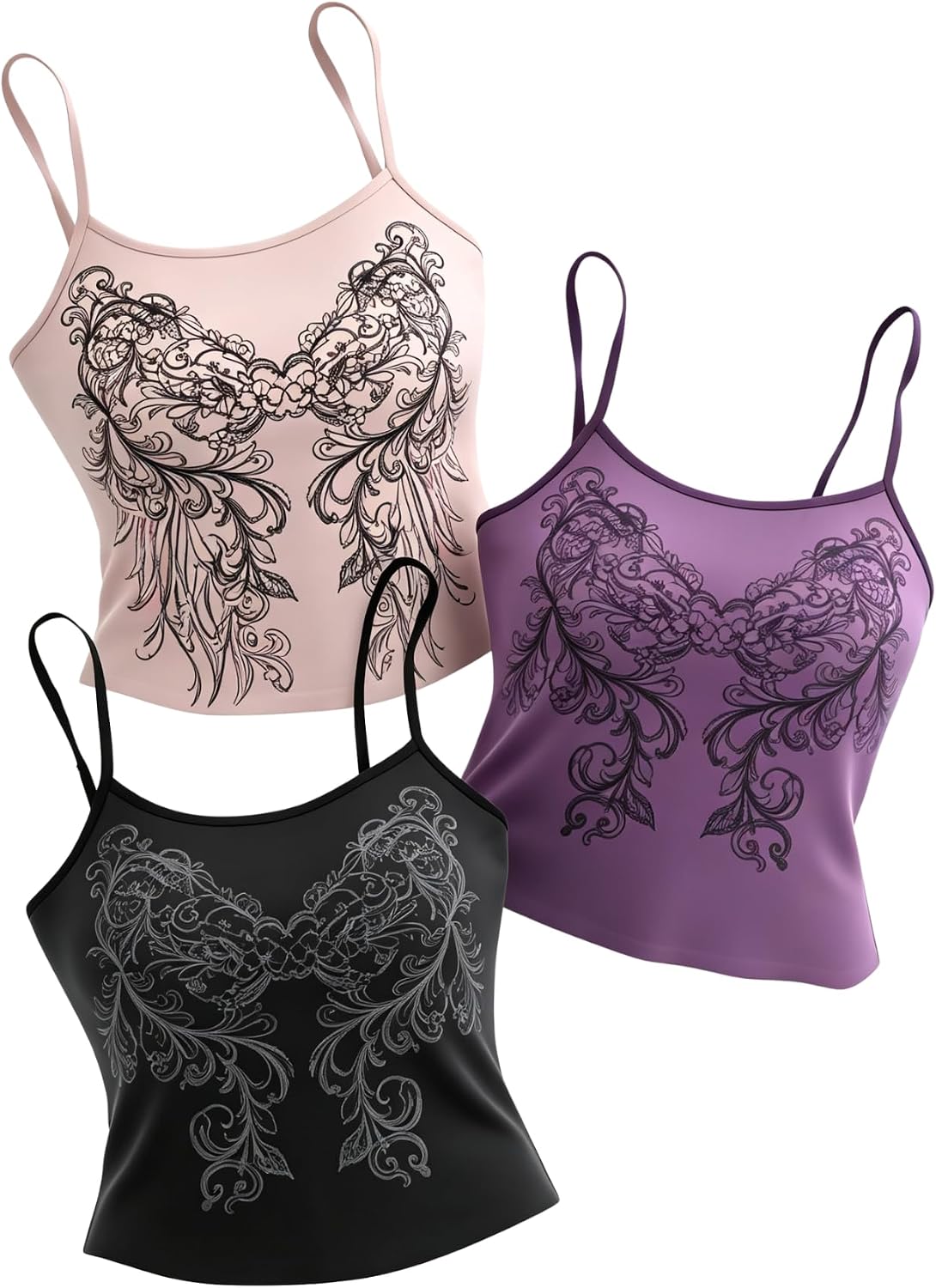 Women's Goth Top 3 Packs Crop Camisole Y2k Graphic Fitted Spaghetti Strap Tank Shirts