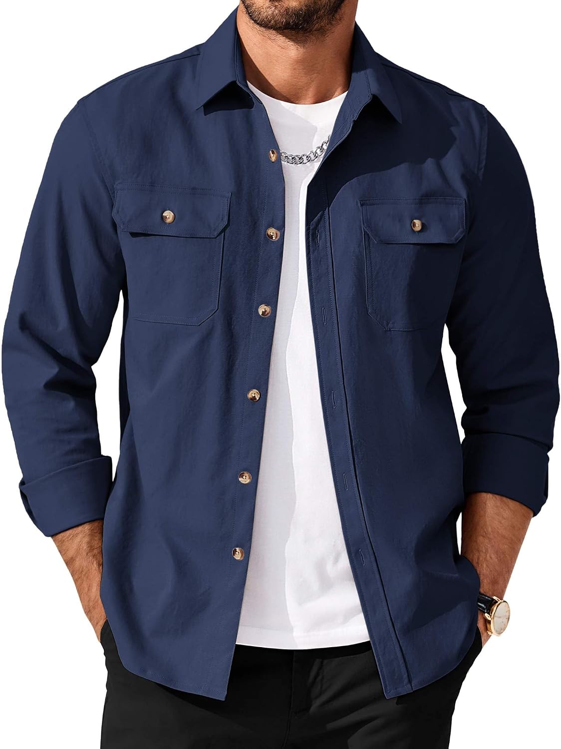 Men's Long Sleeve Button Up Shirt Jacket with Flap Pockets