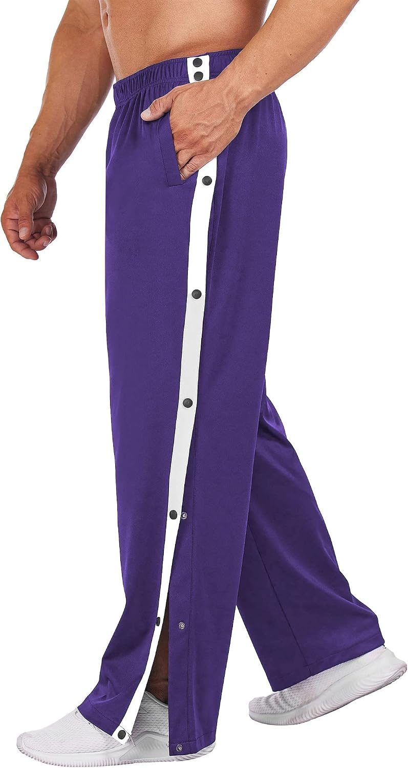 Men's Tear Away Basketball Pants High Split Snap Button Casual Post-Surgery Sweatpants with Pockets