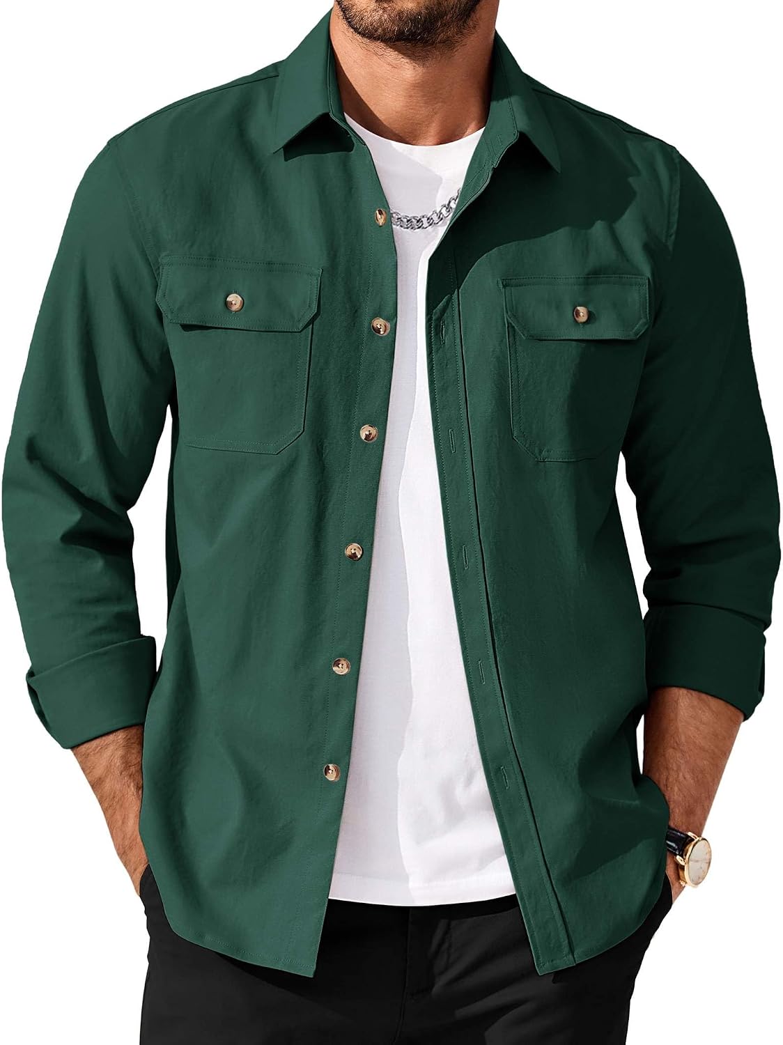 Men's Long Sleeve Button Up Shirt Jacket with Flap Pockets