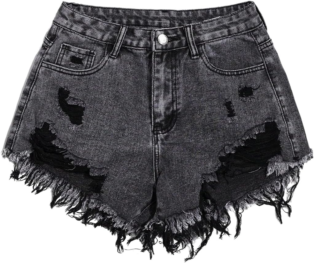 Women's Ripped Raw Hem Jean Shorts High Waisted Straight Leg Denim Shorts Streetwear
