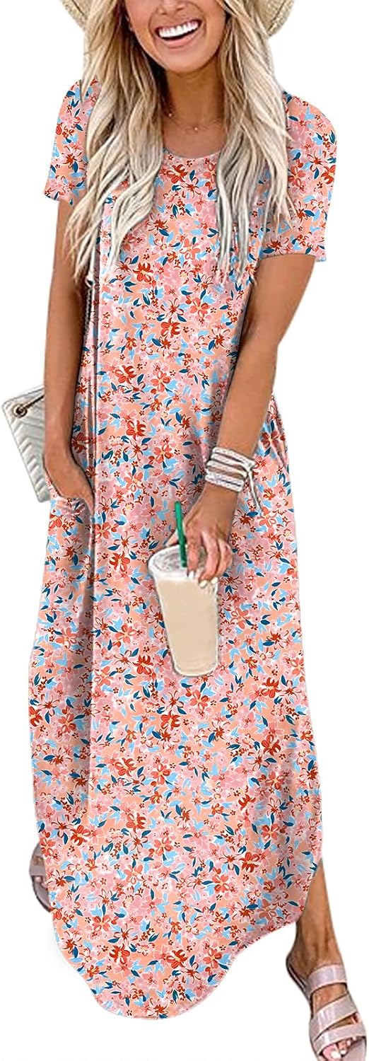 Womens Summer Maxi Dress Short Sleeve Casual Loose Long T Shirt Dresses Split Vacation Beach Sundress Travel Outfits
