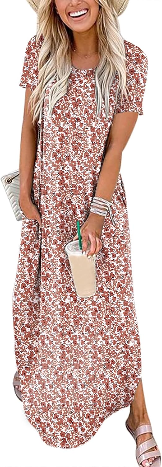 Womens Summer Maxi Dress Short Sleeve Casual Loose Long T Shirt Dresses Split Vacation Beach Sundress Travel Outfits