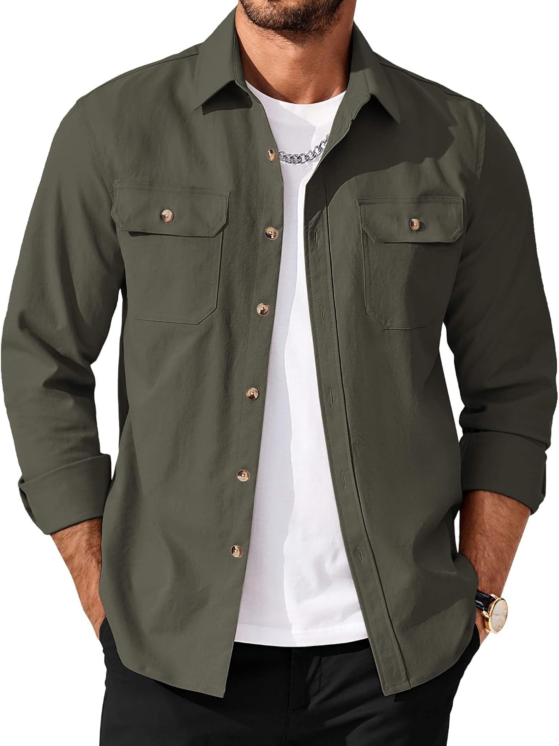 Men's Long Sleeve Button Up Shirt Jacket with Flap Pockets