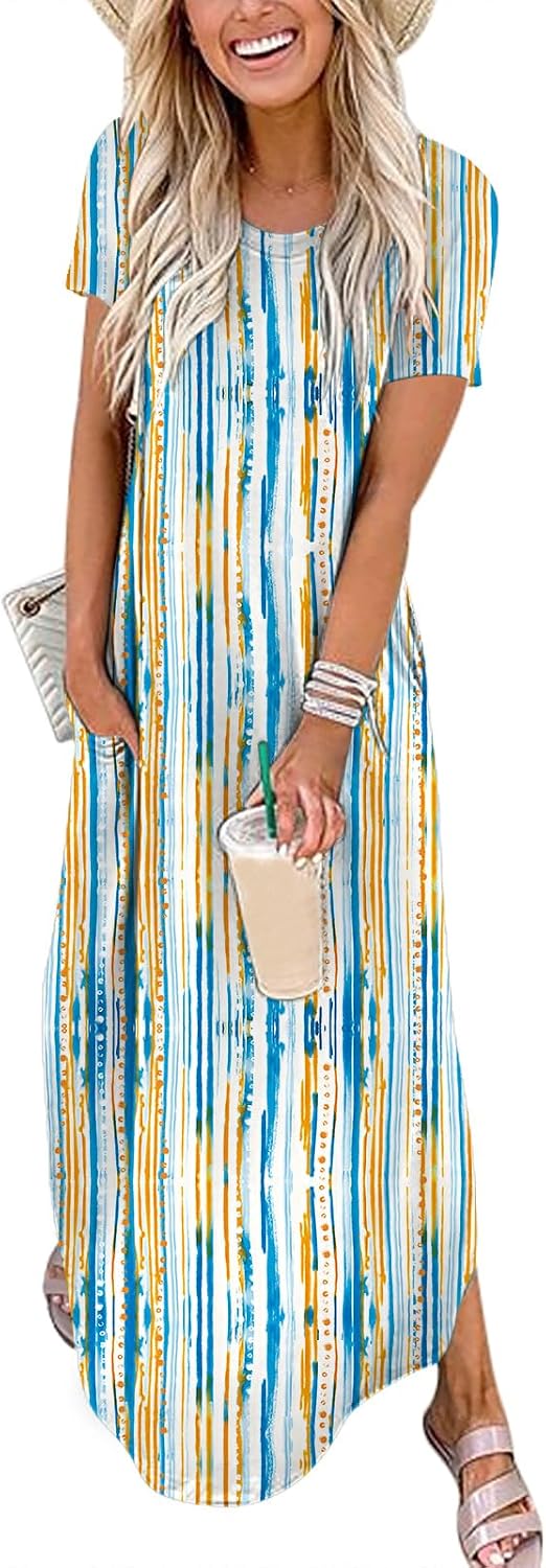 Womens Summer Maxi Dress Short Sleeve Casual Loose Long T Shirt Dresses Split Vacation Beach Sundress Travel Outfits