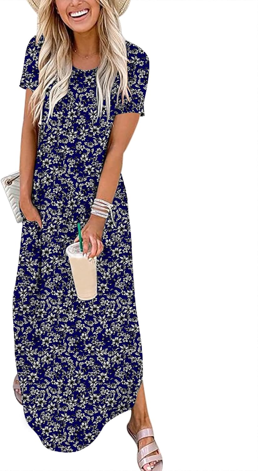 Womens Summer Maxi Dress Short Sleeve Casual Loose Long T Shirt Dresses Split Vacation Beach Sundress Travel Outfits