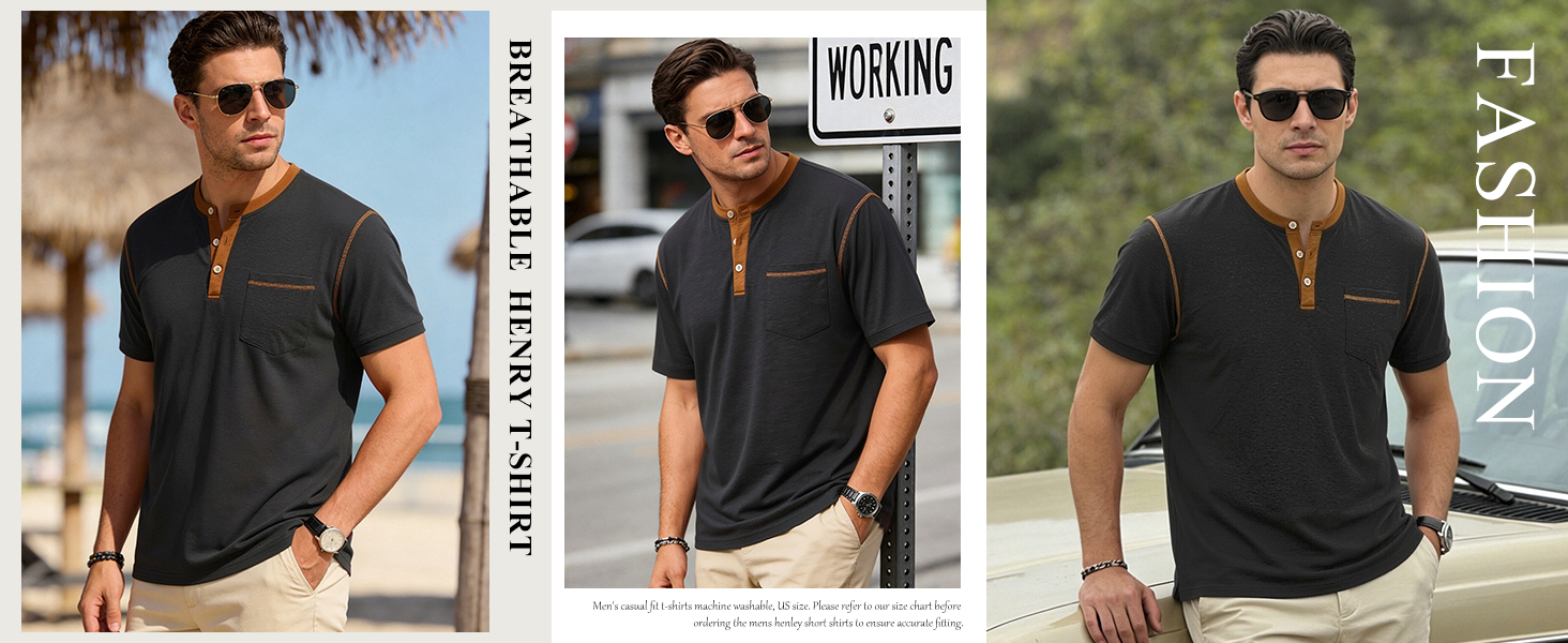 Mens Henley Shirt Casual Button Short Sleeve T-Shirt Summer Patchwork Color Block Tee Shirts 