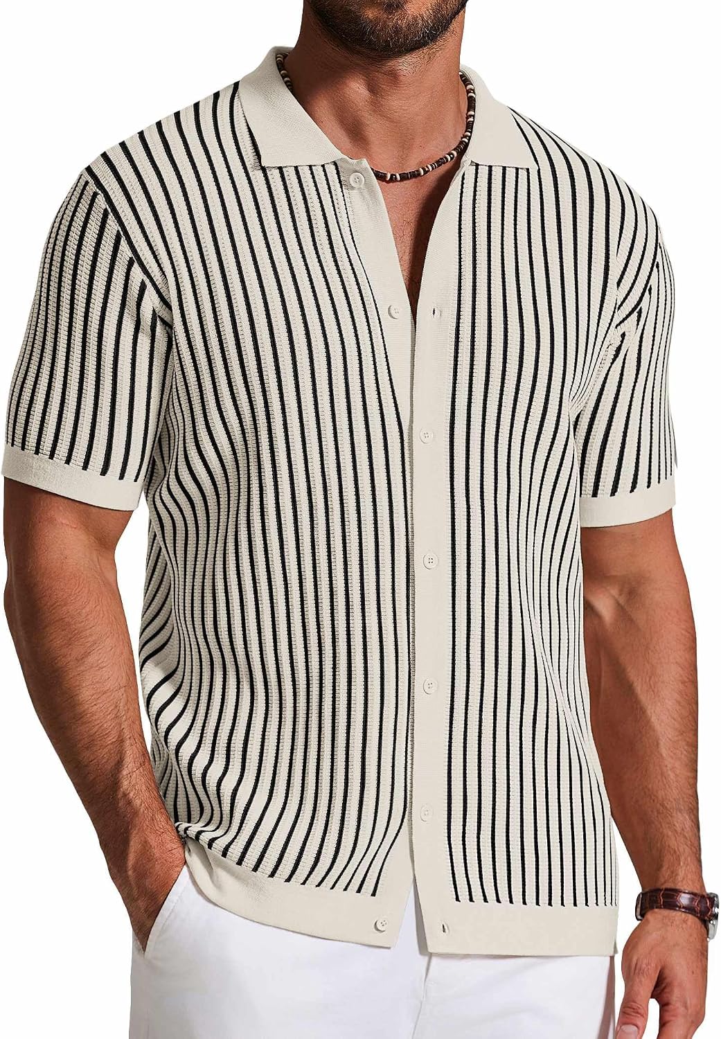 Mens Knit Button Down Shirts Short Sleeve Polo Shirt Vintage Striped Casual Shirts