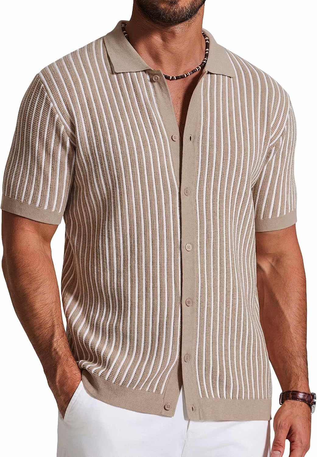 Mens Knit Button Down Shirts Short Sleeve Polo Shirt Vintage Striped Casual Shirts