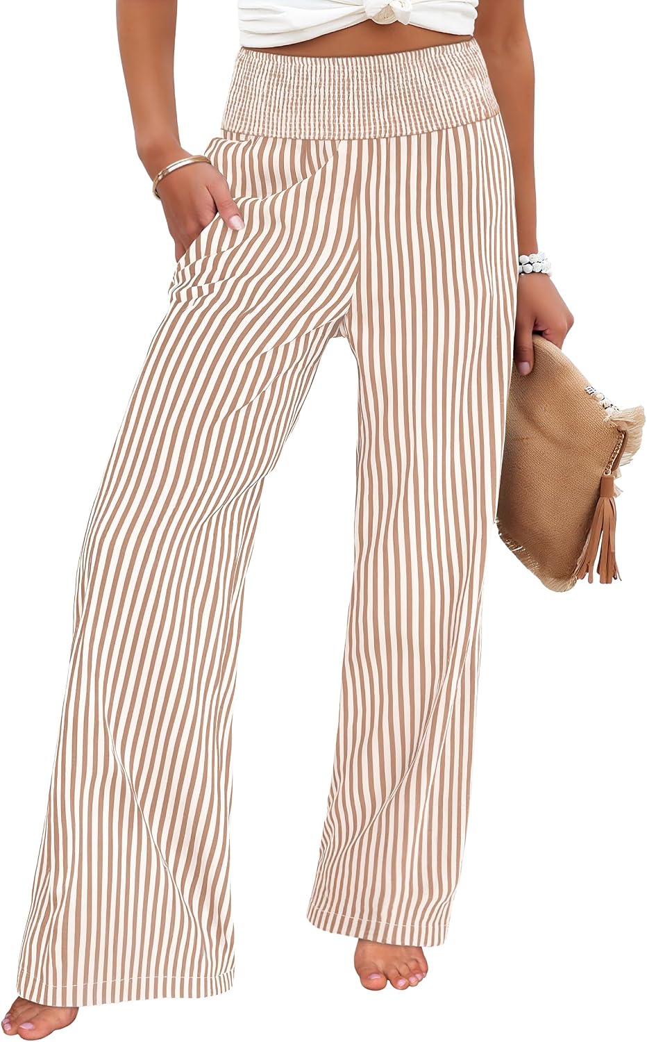 Womens Striped Gingham Palazzo Pants | Wide Leg Smocked High Waisted Pajama Pants, Lounge & Casual, Summer Fall Cute Pants with Pockets