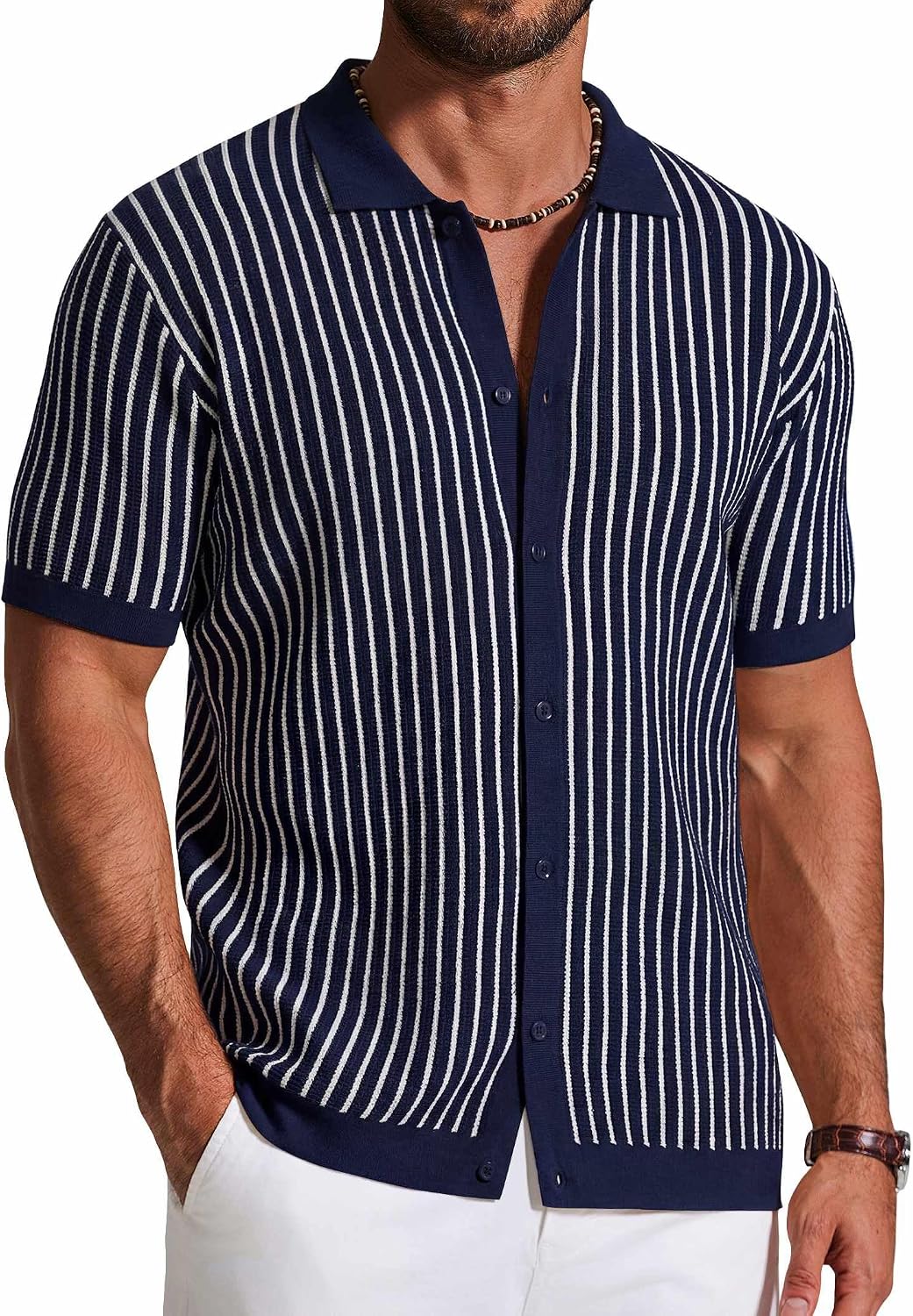 Mens Knit Button Down Shirts Short Sleeve Polo Shirt Vintage Striped Casual Shirts
