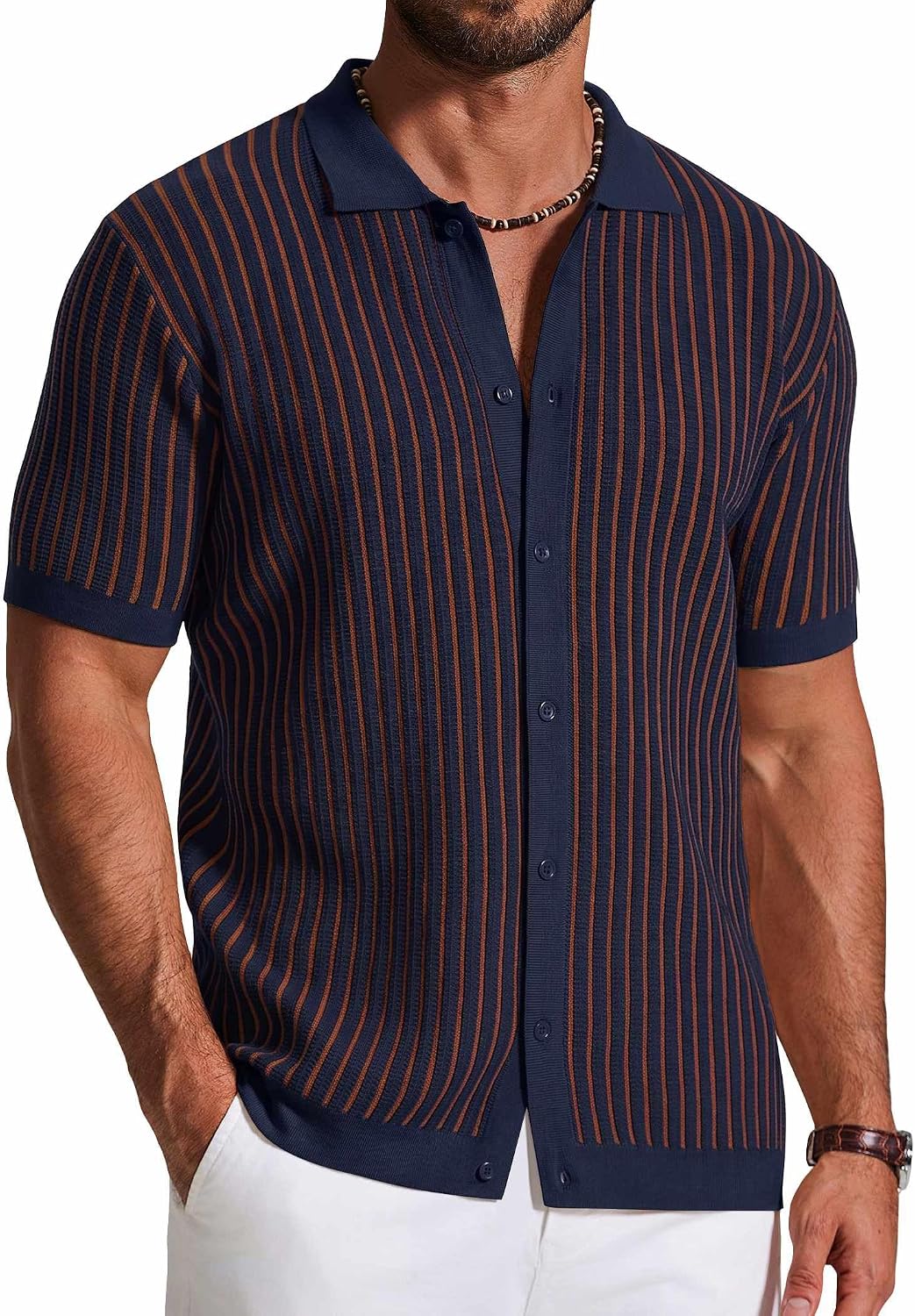 Mens Knit Button Down Shirts Short Sleeve Polo Shirt Vintage Striped Casual Shirts