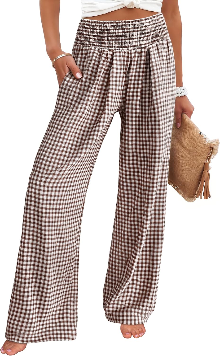 Womens Striped Gingham Palazzo Pants | Wide Leg Smocked High Waisted Pajama Pants, Lounge & Casual, Summer Fall Cute Pants with Pockets